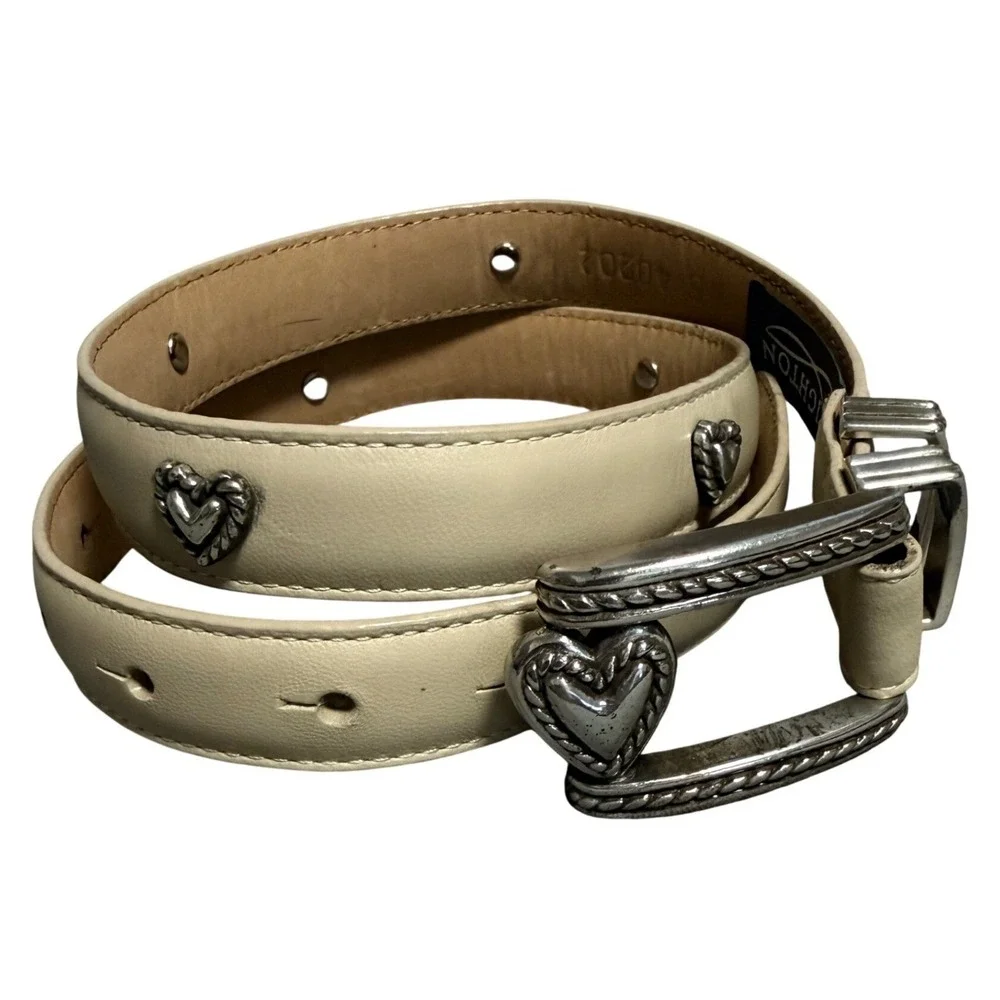 Vintage Brighton Concho Belt Womens S Beige Silver Tone Heart Leather Boho